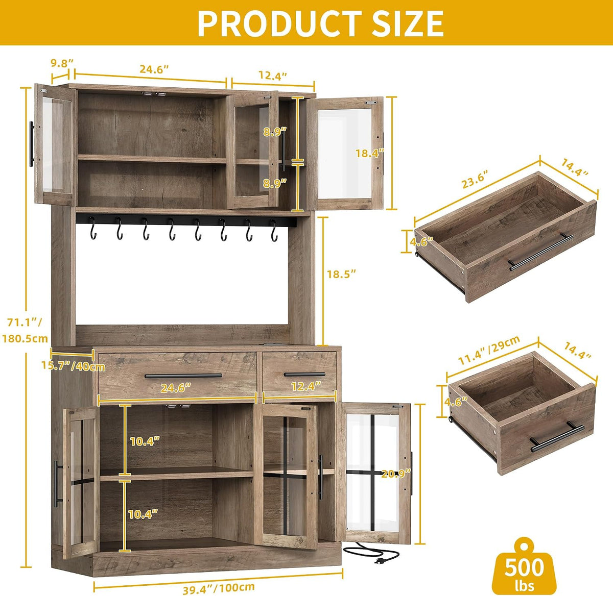 DWVO 71'' Tall Kitchen Pantry Storage Cabinet, Ivory Grey | Charge Station, Farmhouse Glass Display, Microwave Stand & Hooks & Drawers & Shelves, For Home Living Dining Room
