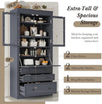 78" Tall Kitchen Pantry Cabinet with 3 Drawers, Large Wooden Kitchen Organizers Storage Cabinet Cupboard with Power Outlet and Adjustable Shelves for Dining Room, Living Room, Grey