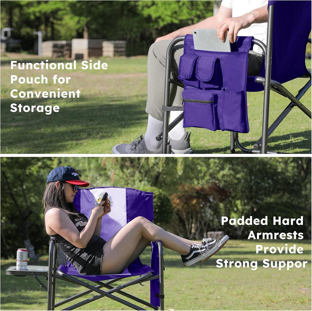 Colegence Oversized Directors Camping Chair Set of 2 Support 600 LBS, Heavy Duty Folding Outdoor Chairs with Side Pocket and Adjustable Side Table for Outside Beach,Lawn,Fishing, Deep Purple