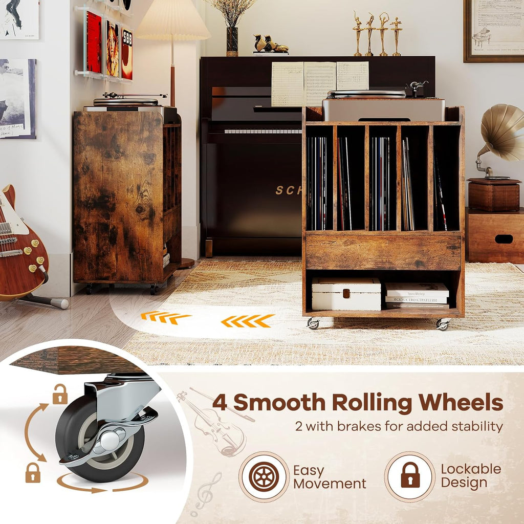 Giantex Record Player Stand, Rolling Turntable Stand with Drawer & Lockable Wheels, Record Player Table Holds Up to 150 Albums, Vinyl Record Storage for Living Room Bedroom, Rustic Brown