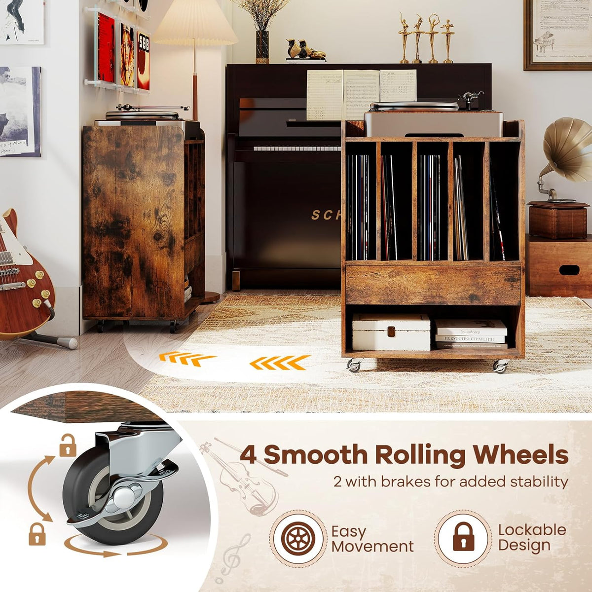 Giantex Record Player Stand, Rolling Turntable Stand with Drawer & Lockable Wheels, Record Player Table Holds Up to 150 Albums, Vinyl Record Storage for Living Room Bedroom, Rustic Brown