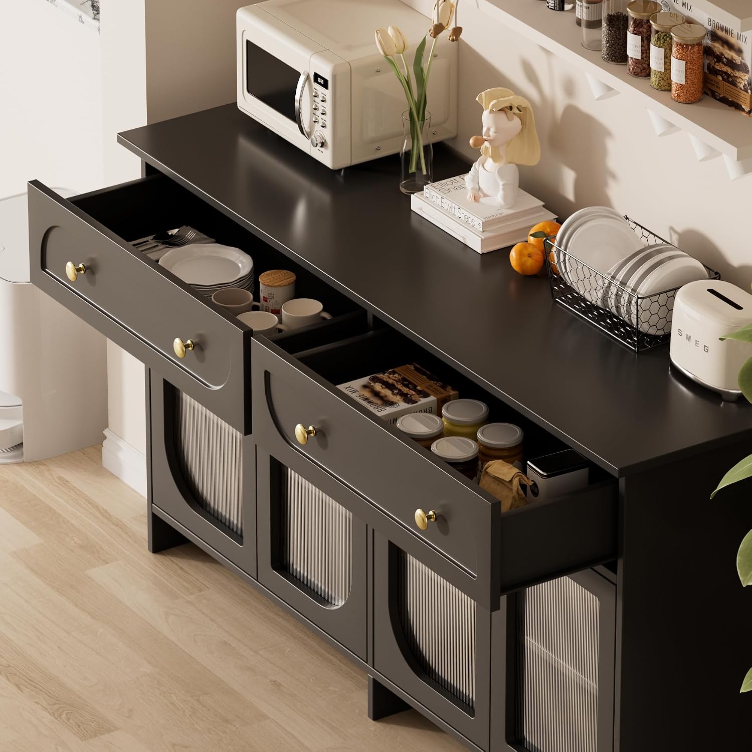 Buffet Cabinet with Storage and LED Light, 55” Sideboard Buffet Cabinet with 4 Glass Doors & 2 Drawers & Adjustable, Modern Credenza Coffee Bar Cabinets Buffets Table for Kitchen, Dining Room, Black