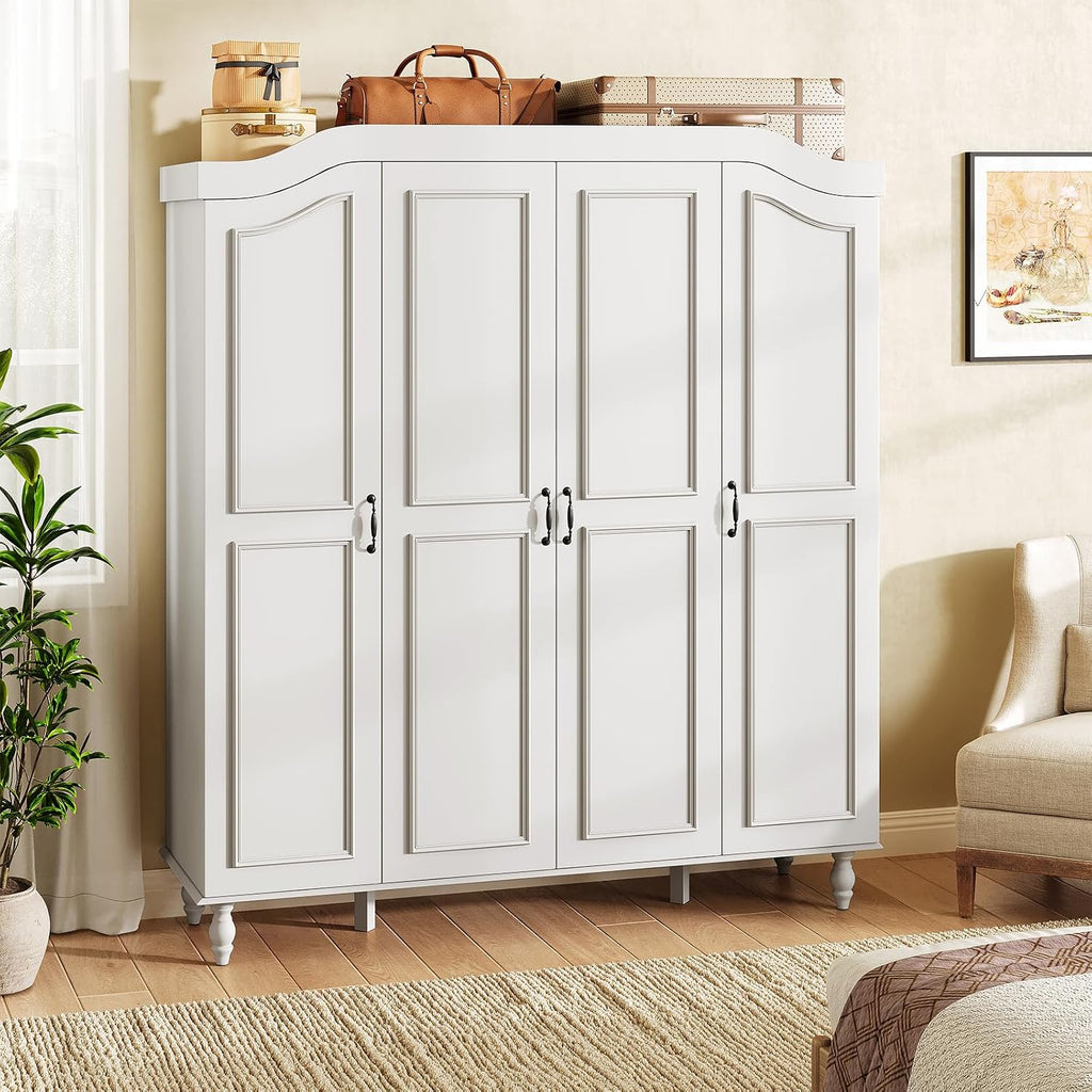 71" H Arched Armoire Wardrobe Closet with 4 Doors, Wooden, White | Large Capacity Wardrobe Cabinet with 2 Hanging Rods and 8 Shelves,Freestanding Armoire Storage Cabinet for Bedroom,Cloak Room