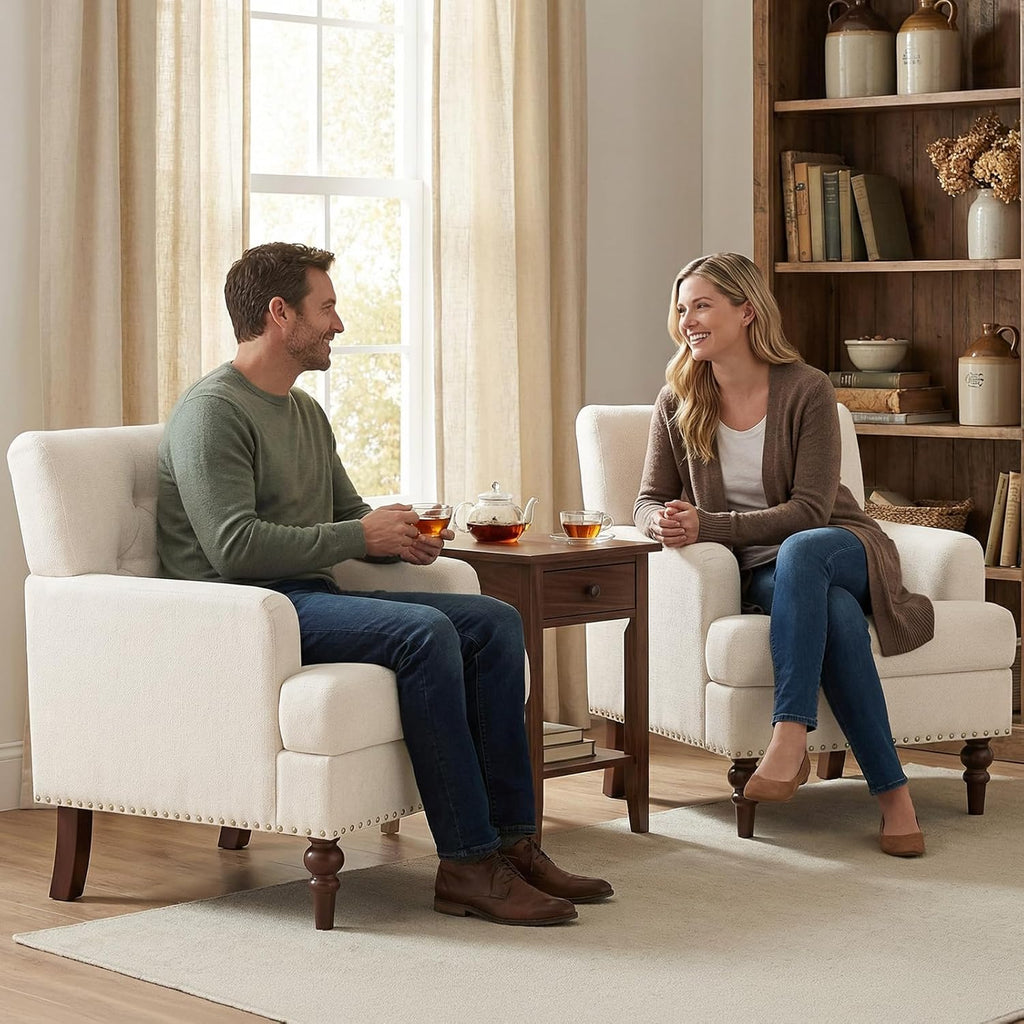 MALOL Modern Accent Chairs Set of 2 for Living Room, Comfy Bedroom Reading Armchair, Upholstered Single Sofa Chair with Thick Cushion &Wood Legs for Small Spaces, Beige