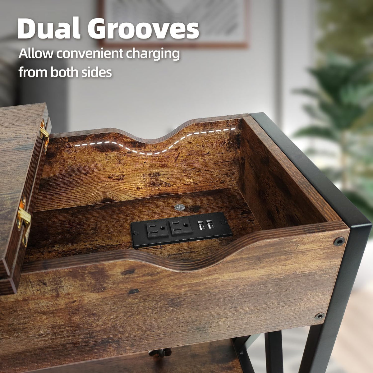 TooCust End Tables Living Room Set of 2, Side Table with Charging Station Flip Top, 11"D x 24"W x 23"H, Narrow Side Table with 5.3" Deep Drawer, Couch End Tables Set of 2, Steel X-Frame, Rustic Brown