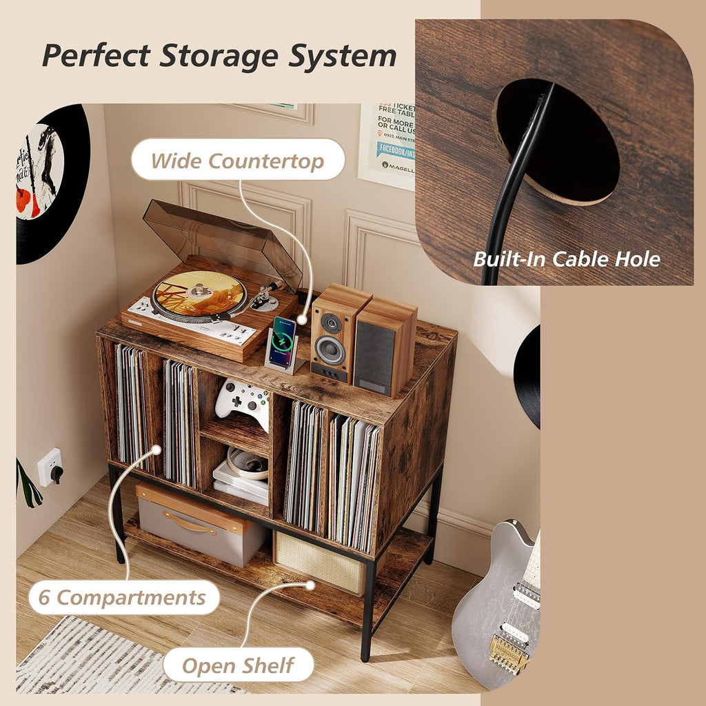 Giantex Record Player Stand with Charging Station, Turntable Stand with Storage Shelves Hold Up to 150+ Albums, Record Player Table with Metal Frame, Vinyl Record Storage for Music Living Room, Brown