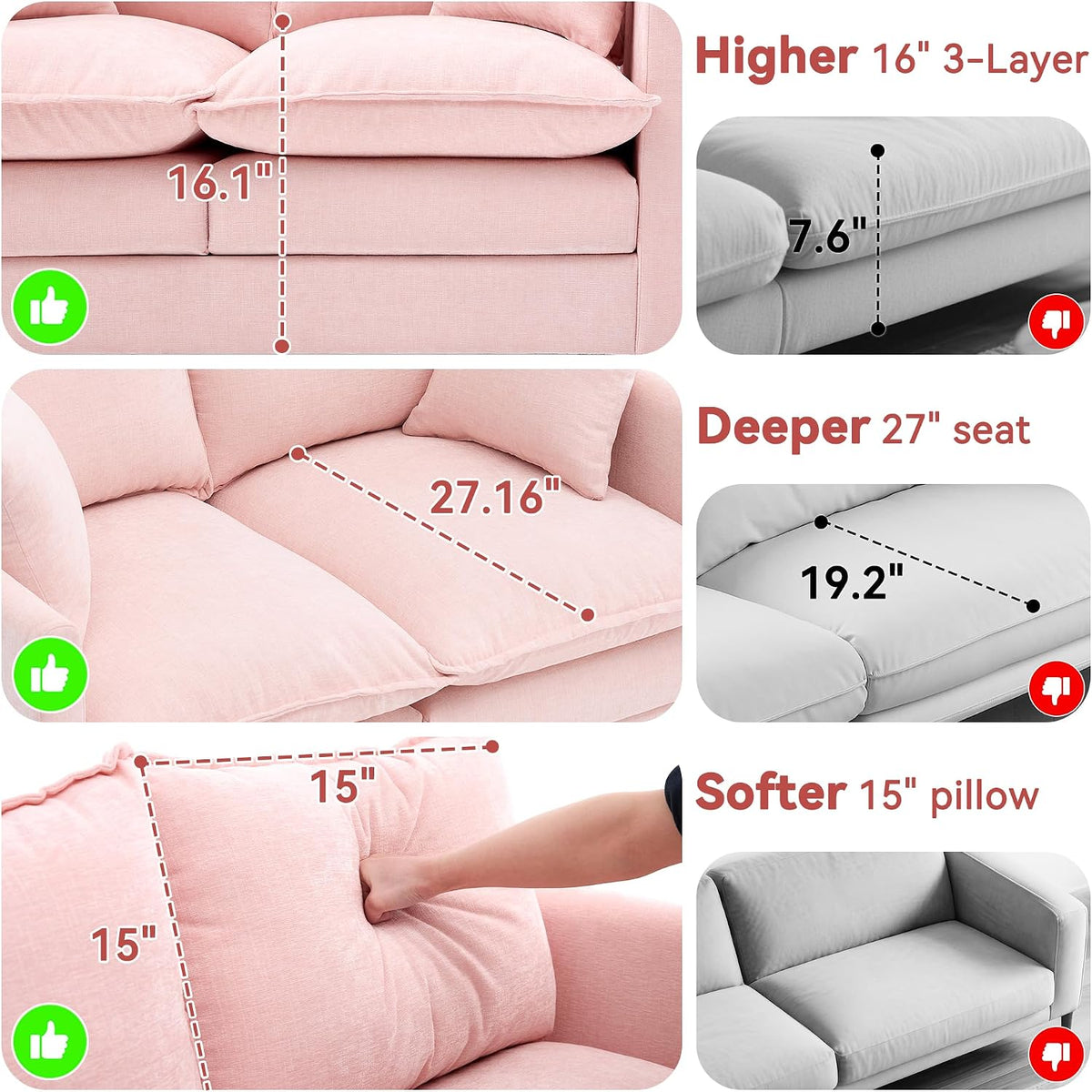 L-Shape Loveseat Sofa Couch with Ottoman, Small 50" Love Seat 27" Deep Cloud Sofa Washable Chenille Pillow for Apartment Bedroom Dorm Attic Studio Office Living Room Small Space 50-Pink-L