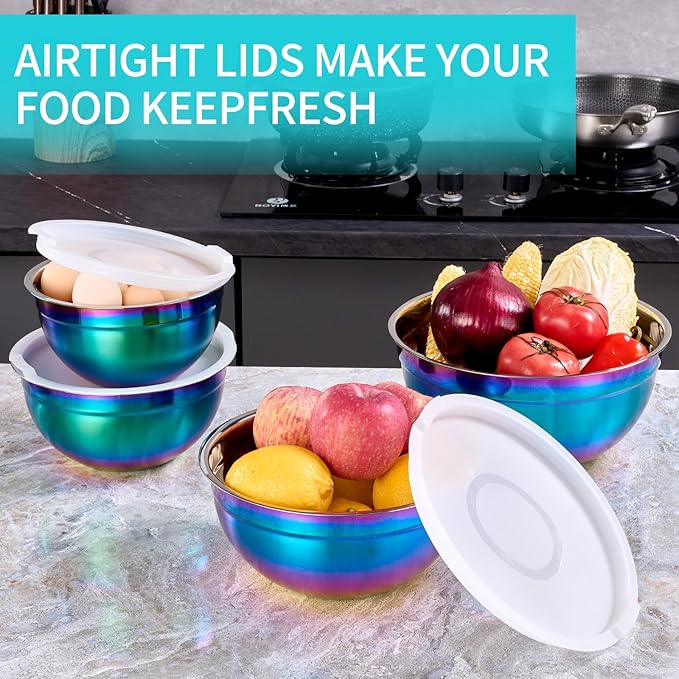 4 Piece Rainbow Mixing Bowls with Lids for Kitchen, Stainless Steel Mixing Bowls Set Ideal for Baking, Prepping, Cooking and Serving Food, Nesting Metal Mixing Bowls for Space Saving Storage