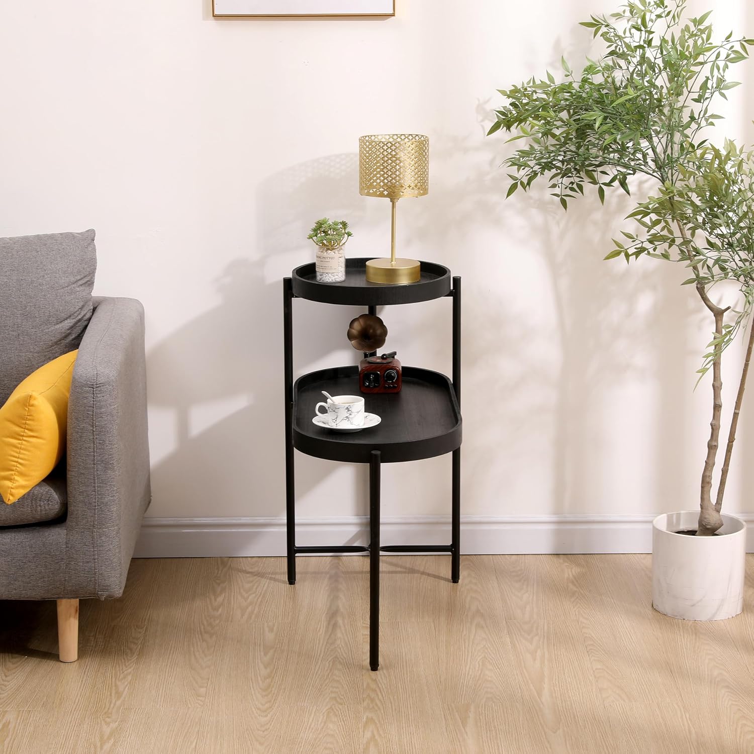 2 Tier Side Table with Storage Shelve Small Sofa Table Modern Metal End Table Coffee Table with Wooden Tray Top, Black