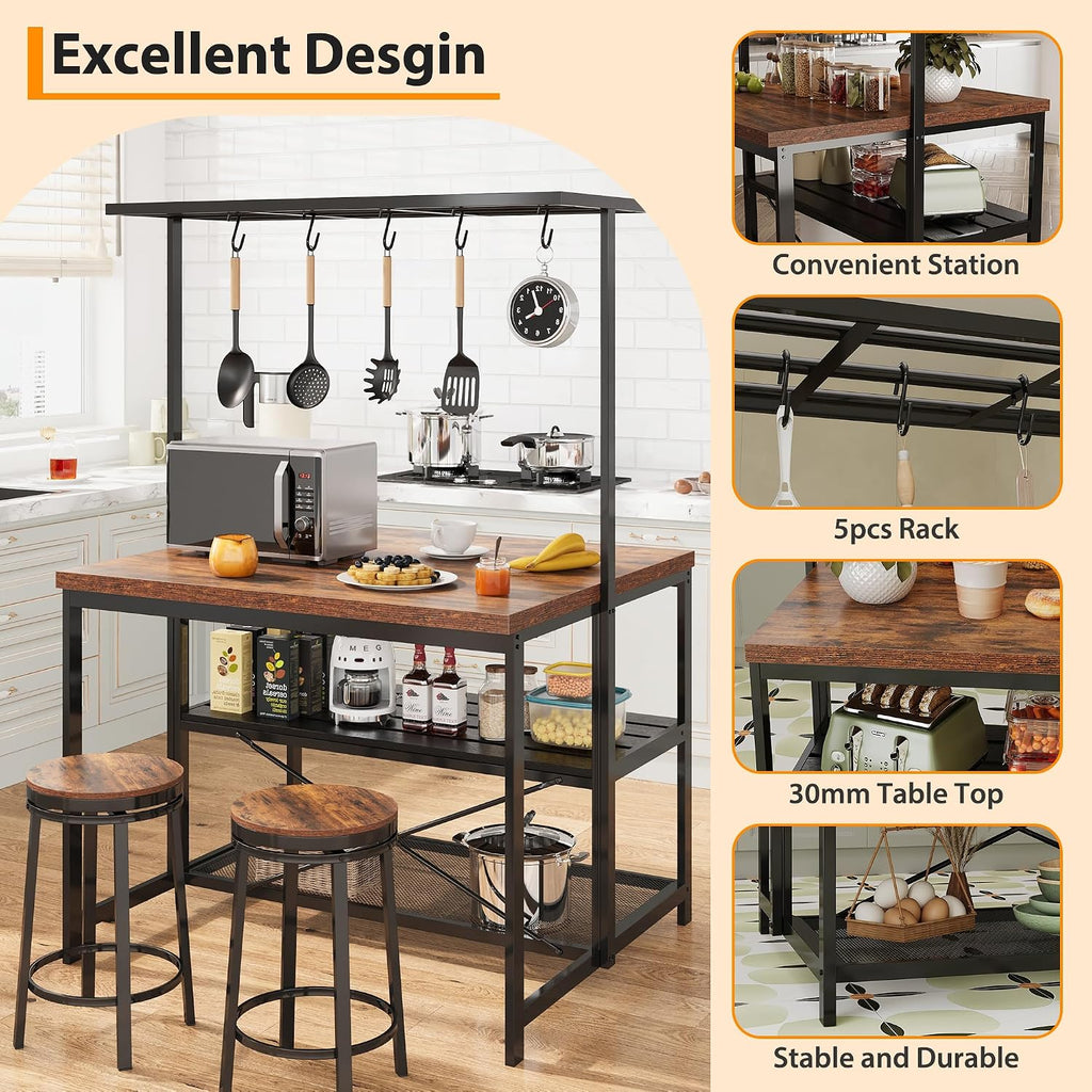 TrailBlaze 42'' Kitchen Island with Storage– 3-Tier Bakers Rack, Wooden Top, Sturdy Metal Frame, 5 Hooks, Space-Saving Design for Small Kitchens, Coffee Bar or Dining Room –No Stools