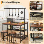 TrailBlaze 42'' Kitchen Island with Storage– 3-Tier Bakers Rack, Wooden Top, Sturdy Metal Frame, 5 Hooks, Space-Saving Design for Small Kitchens, Coffee Bar or Dining Room –No Stools