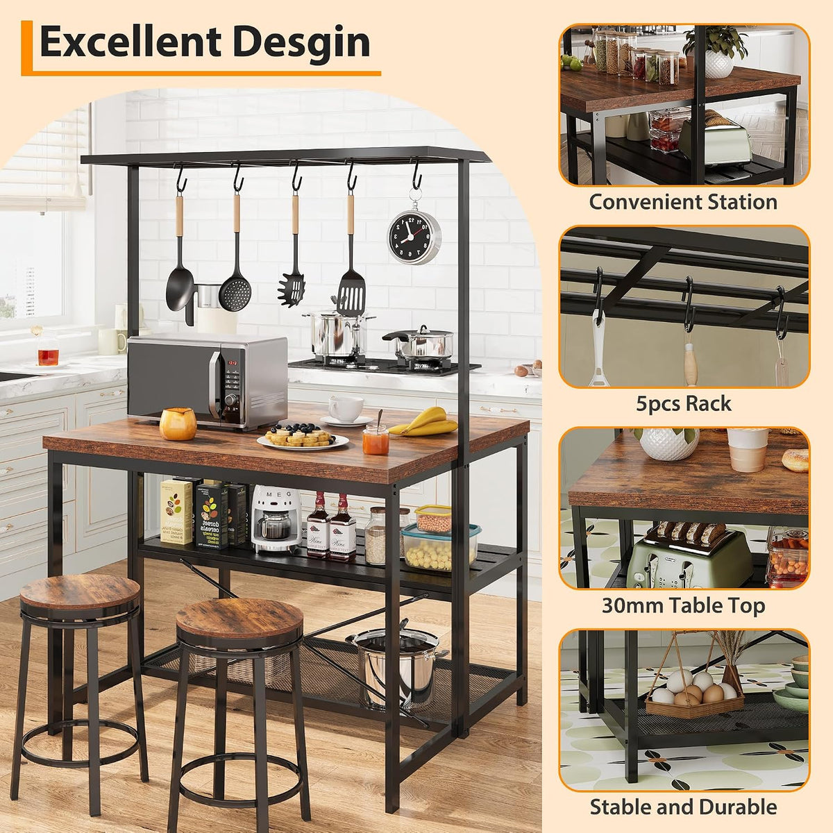 TrailBlaze 42'' Kitchen Island with Storage– 3-Tier Bakers Rack, Wooden Top, Sturdy Metal Frame, 5 Hooks, Space-Saving Design for Small Kitchens, Coffee Bar or Dining Room –No Stools