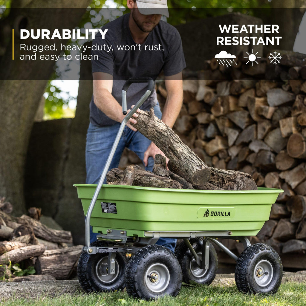Gorilla Carts 600-Pound Capacity Heavy Duty Poly Yard Garden Steel Quick Dump Utility Wheelbarrow Wagon Cart with Straight Pull Handle, Green, Model GOR4G-COM