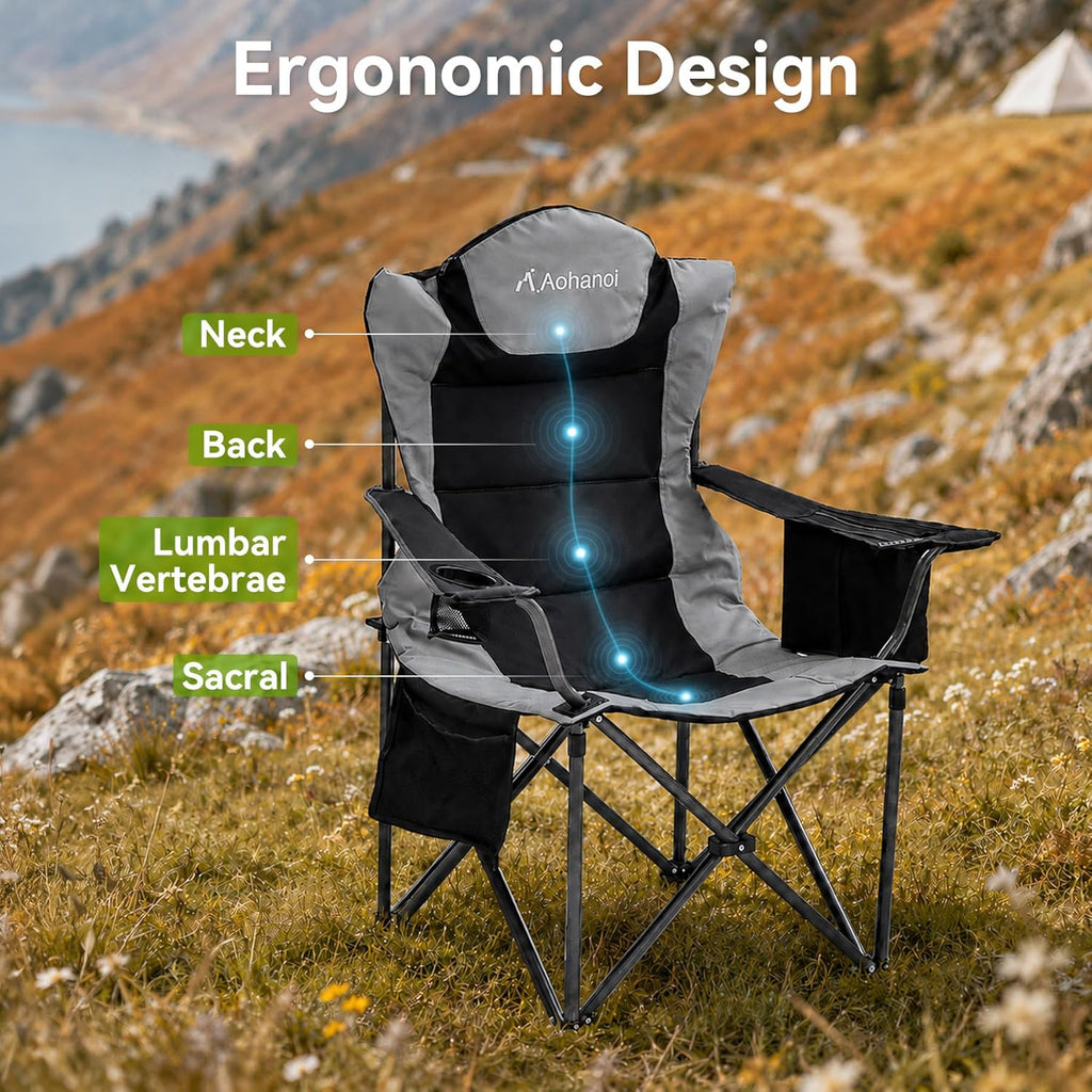 Aohanoi Camping Chairs for Heavy People,Folding Lawn Chairs for Outside Heavy Duty,Outdoor Oversized Chairs for Adult with Cup Holder and Large Cooler Bag,Beach Camp Chairs Supports up to 500lbs