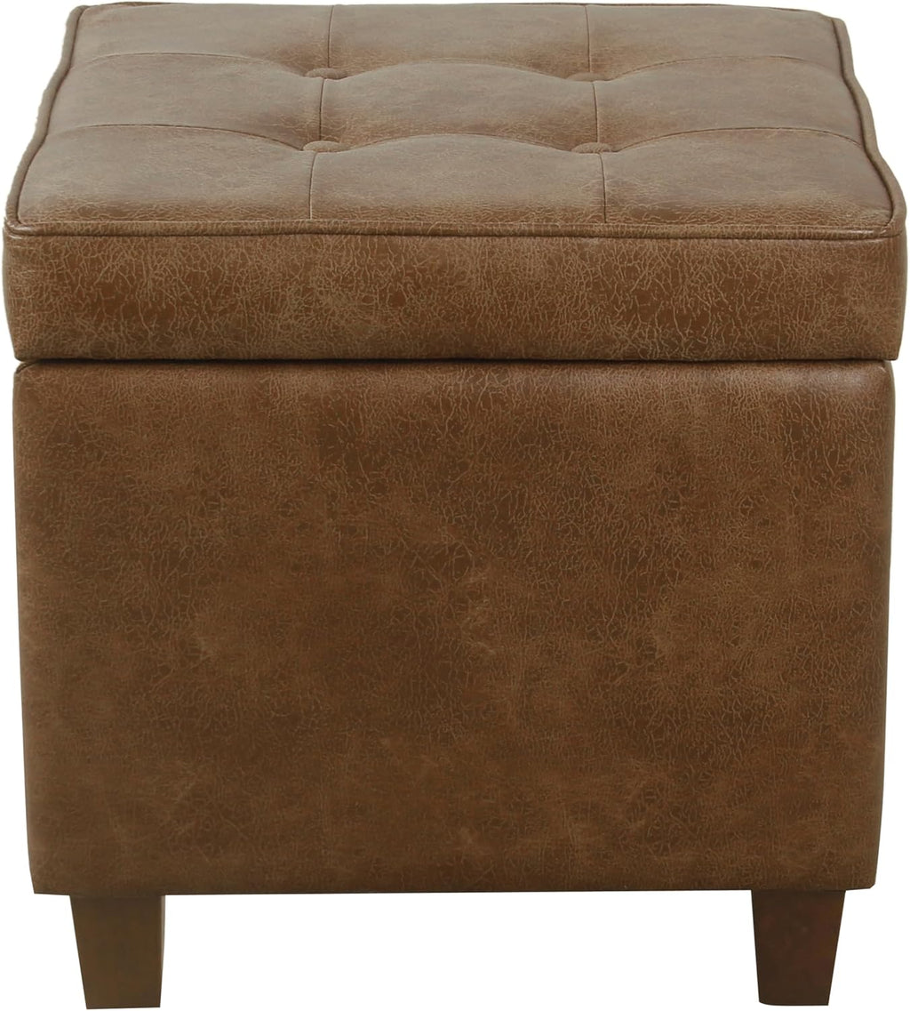 HomePop Square Tufted Storage Ottoman - Distressed Brown Faux Leather Small
