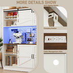 75”Tall 63"W Extra Large Farmhouse Kitchen Storage Pantry Hutch Cabinet w/Power Outlet,Pegboard,Coffee Bar Cabinets,LED Light,Microwave Shelf,Wine Rack,4 Barn Doors,2 Drawers, Dining Room,Black