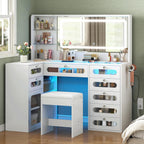 Makeup Vanity for Women with Mirror and Lights, 8 Drawers Big Modern Vanity , Transparent Top Vanity Desk with 2 RGB Drawers, with Power Outlet & Stool, Modern Ample Storage Dressing Table, White
