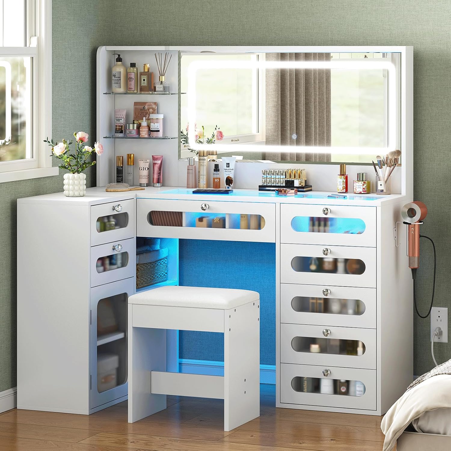 Makeup Vanity for Women with Mirror and Lights, 8 Drawers Big Modern Vanity , Transparent Top Vanity Desk with 2 RGB Drawers, with Power Outlet & Stool, Modern Ample Storage Dressing Table, White