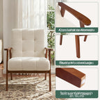 Furniliving Mid Century Modern Accent Chair, Wood Frame Upholstered Arm Chair with Waist Support, Button Tufted High Back Reading Armchair, Waiting Room Chairs for Bedroom Sunroom, Sherpa, White