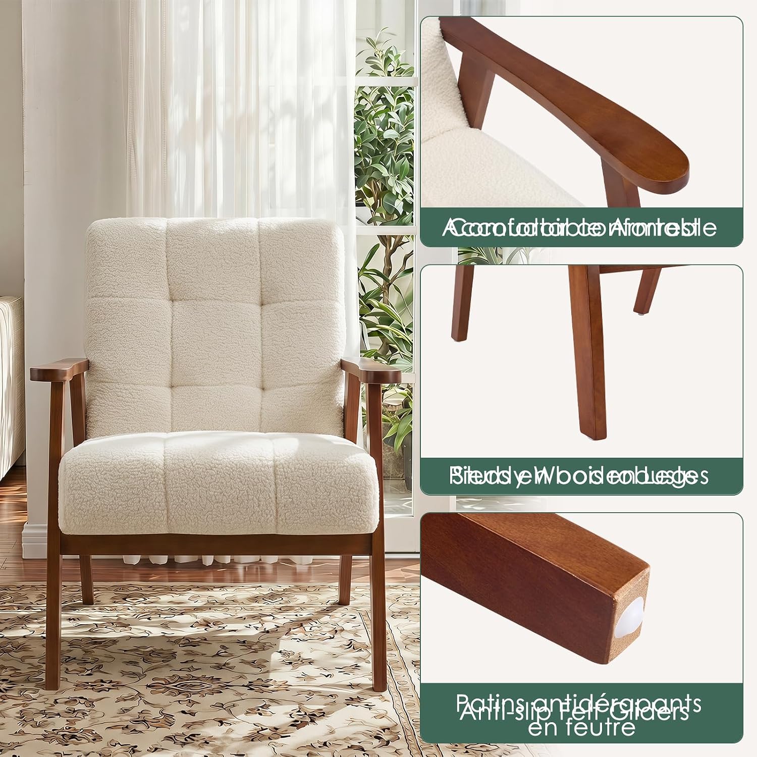 Furniliving Mid Century Modern Accent Chair, Wood Frame Upholstered Arm Chair with Waist Support, Button Tufted High Back Reading Armchair, Waiting Room Chairs for Bedroom Sunroom, Sherpa, White
