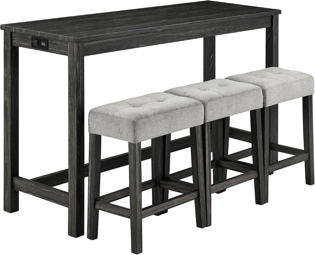 Bar Table Set with Power Outlet, 4 Piece Bar Table and Chairs Set, Industrial Breakfast Table Set, for Living Room/Dining Room/Game Room, Black+Gray