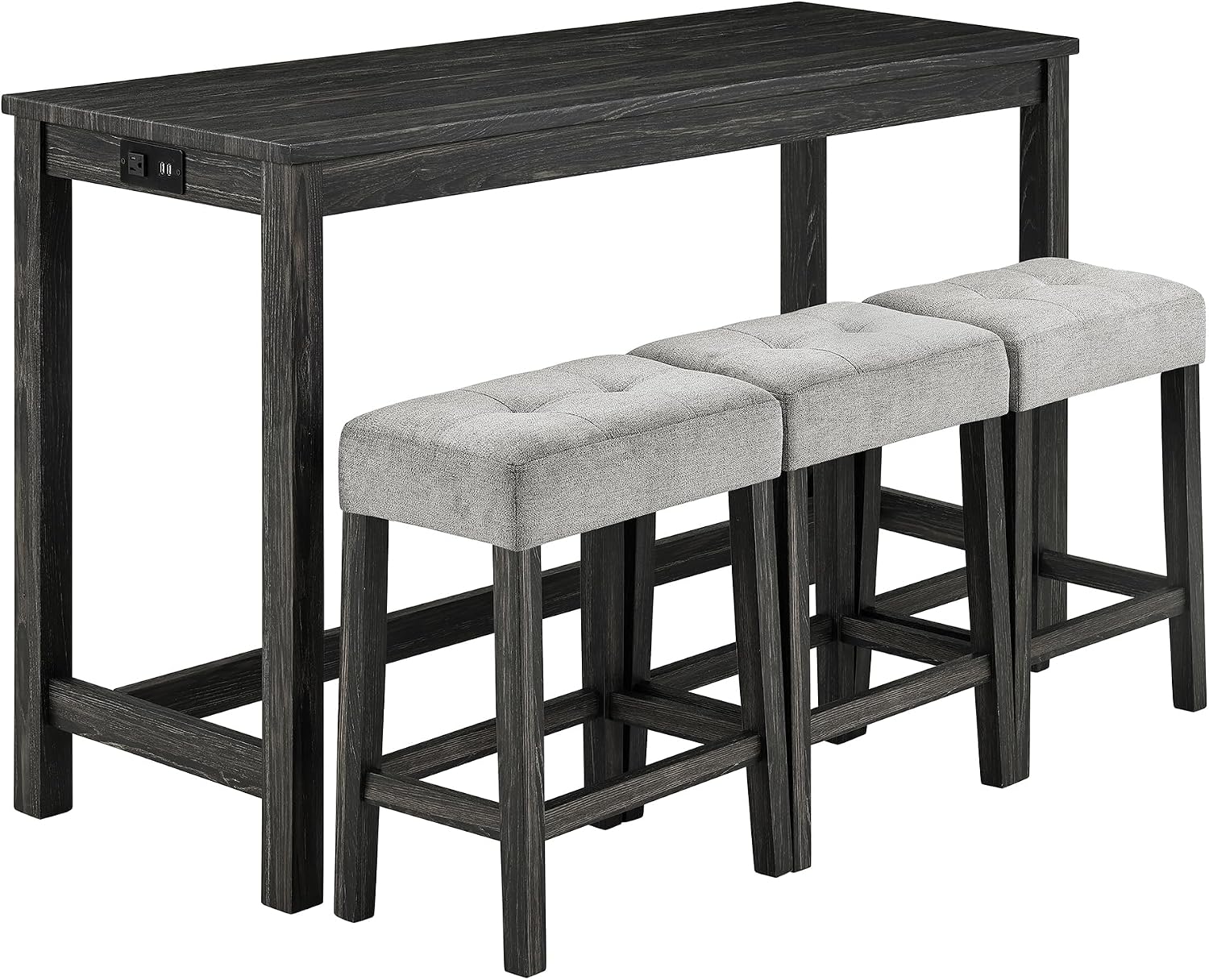 Bar Table Set with Power Outlet, 4 Piece Bar Table and Chairs Set, Industrial Breakfast Table Set, for Living Room/Dining Room/Game Room, Black+Gray