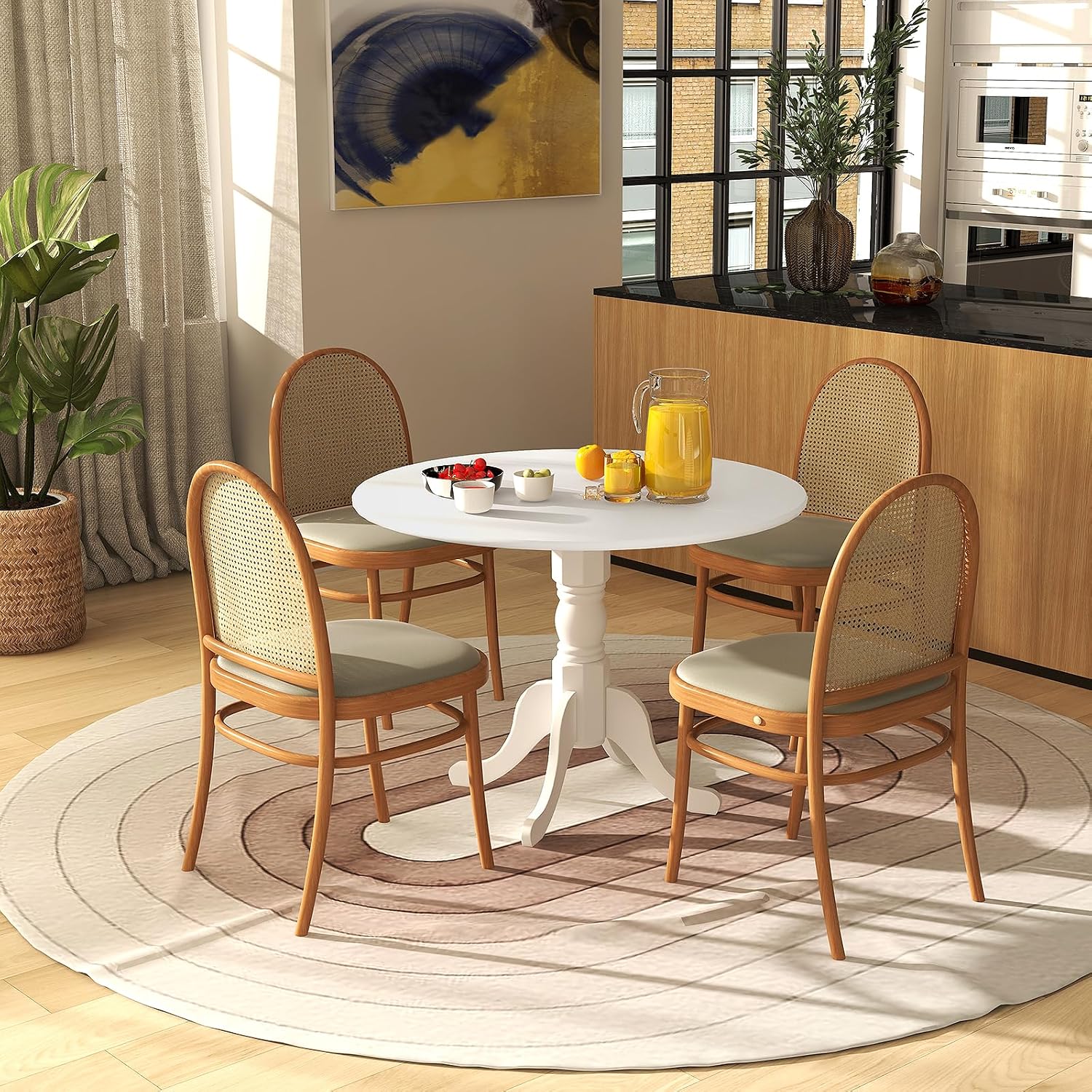 Giantex Round Dining Table, 39" D X 29" H, Rubber Wood Pedestal Table W/Round Tabletop & Curved Trestle Legs, 4-Person Dinner Table for Kitchen, Dining Room, Restaurant (White)