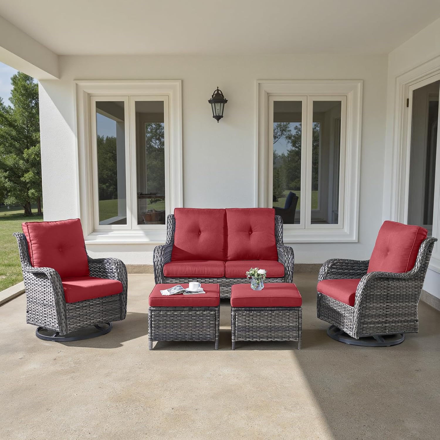 Patio Furniture Set with Swivel Chairs, 5 Pieces Outdoor Wicker Furniture Set with Patio Swivel Rocker Chairs for Patio, Yard, Deck, Porch, Poolside