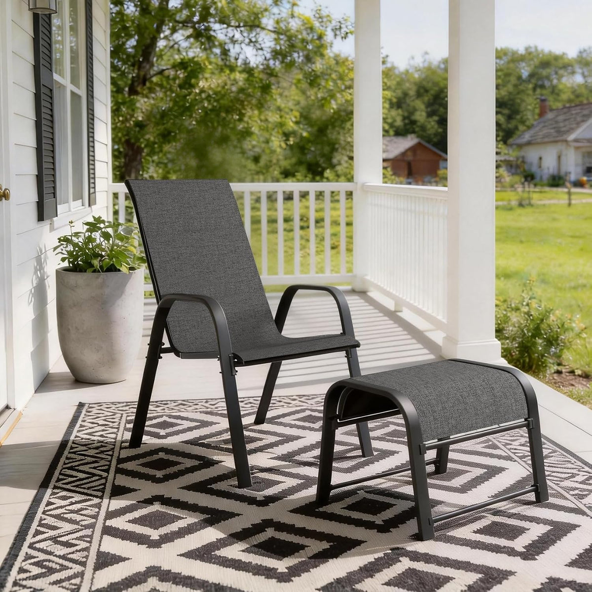 Outdoor Footstool Ottoman with Sturdy Metal Frame & Breathable Textilene Fabric, All-Weather Portable Footrest for Patio, Lawn, Garden, Poolside, Balcony, Camping, Porch & Indoor Use (2, Black)
