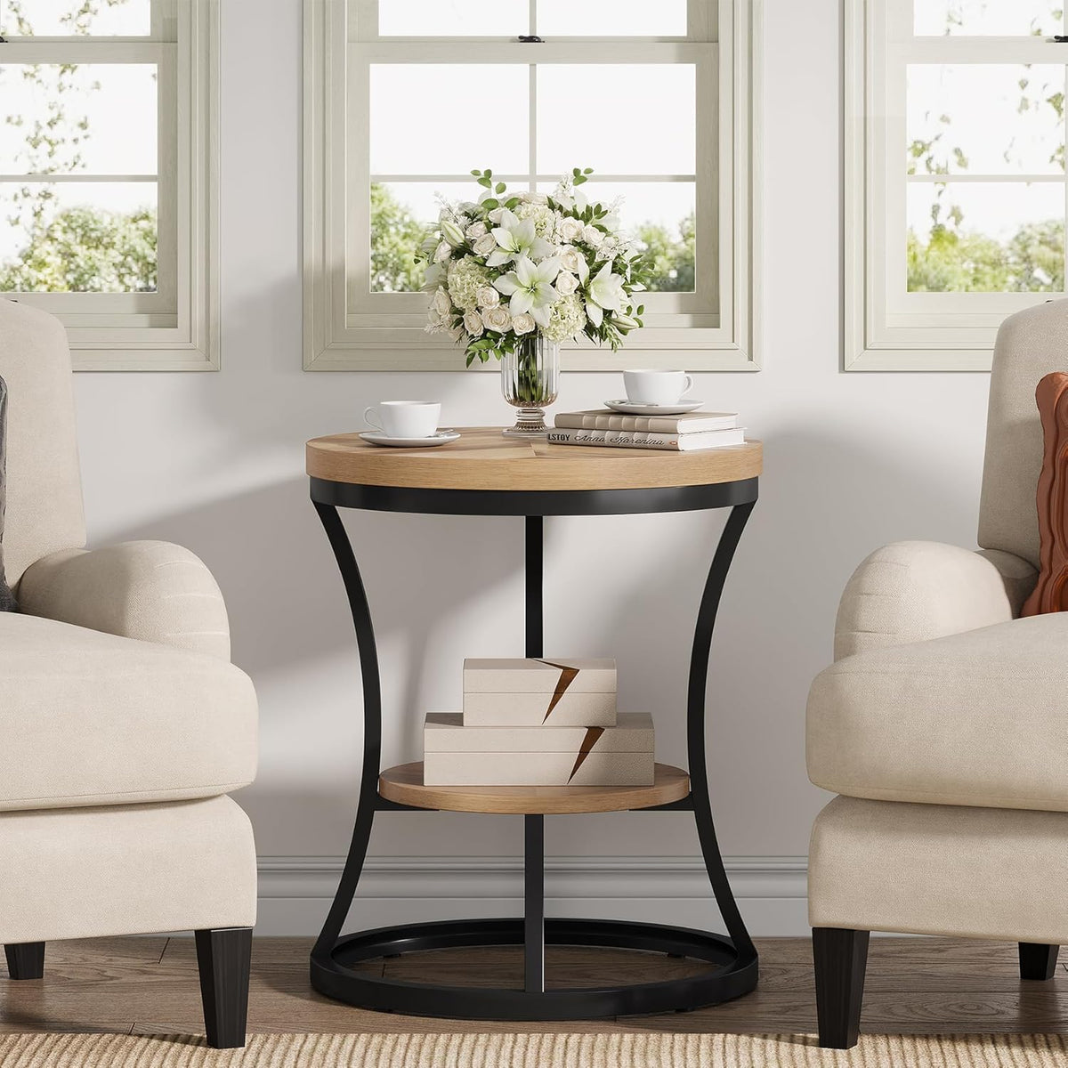 Round End Table, 2 Tier Industrial Side Table, Accent Bedside Table Nightstand with Metal Frame for Living Room, Bedroom, Small Spaces, Easy Assembly, Light Brown & Black