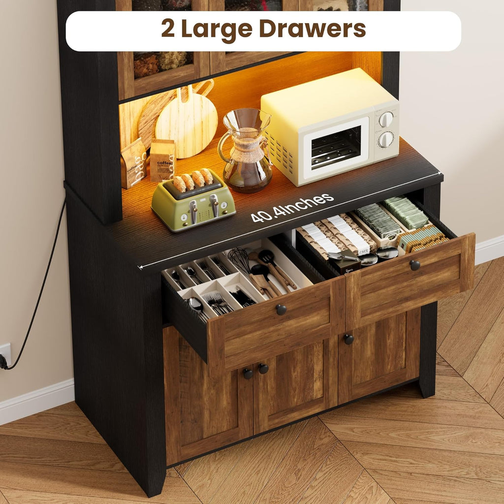 GarveeHome 66" Tall Pantry Cabinet with Power Outlet & LED Light, Kitchen Pantry Storage Cabinets with Countertop, Large Kitchen Hutch with Storage Drawers & Water Ripple Acrylic Panel Cabinet Door