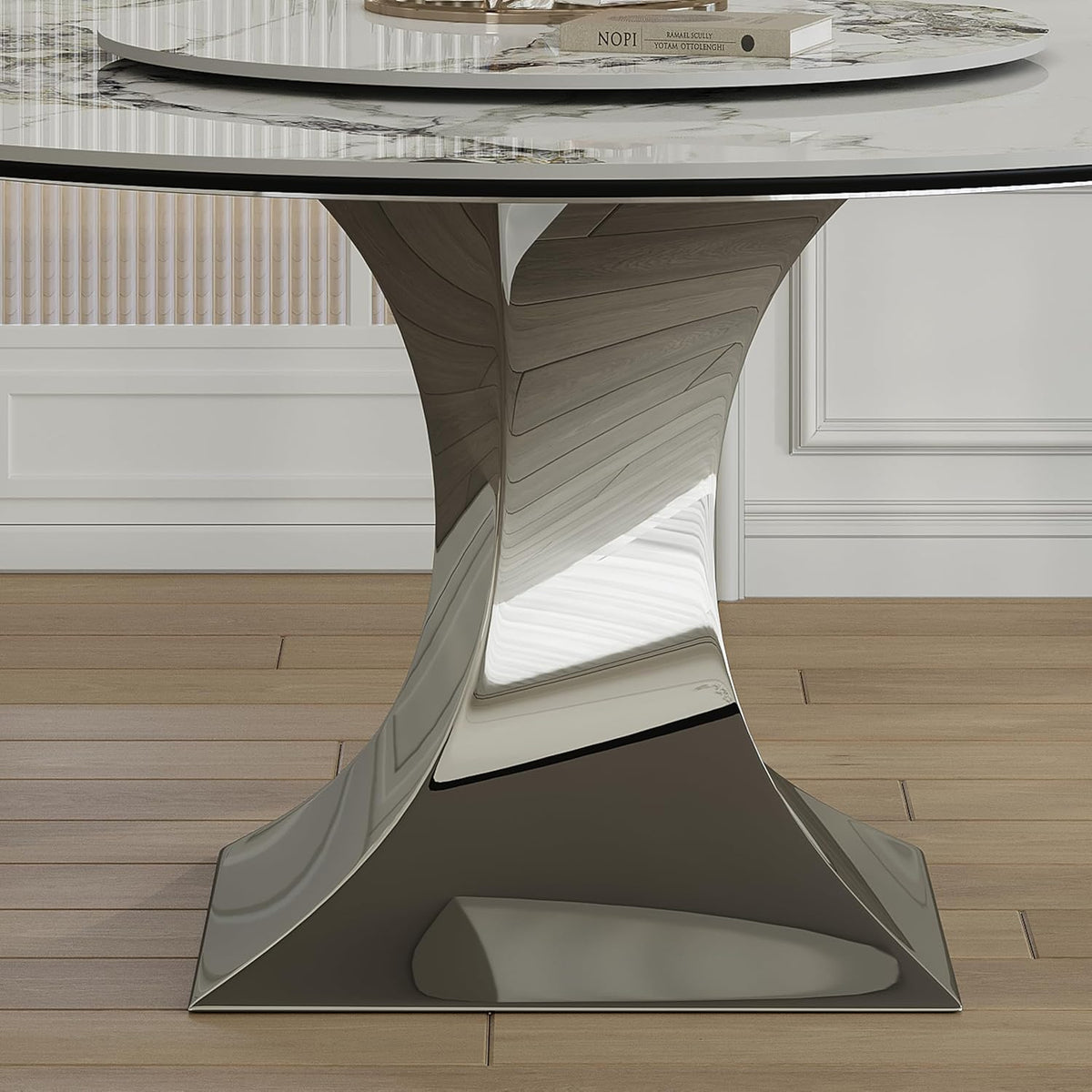 59" Round Sintered Stone Dining Table, Faux Marble Kitchen Table with Lazy Susan & Gray Stainless Steel Hourglass Base - Modern Luxury Dinner Table for 4-8 People, Scratch & Heat Resistant Surface