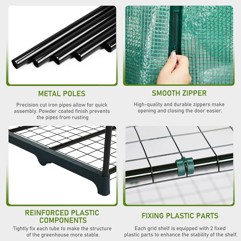 Outvita Walk-in Greenhouse, Outdoor Durable PE Plant Green House for Frost Protection with 3 Tiers 8 Shelves, Shelf Clips, Roll-up Zipper Door, 56"x56"x77" Green