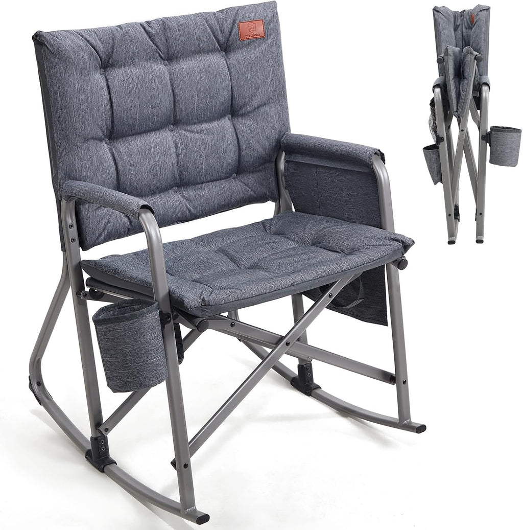 EVER ADVANCED Lightweight Folding Rocking Camping Chair, Padded Portable Rocker Chair for Patio, Lawn and Outdoors, Heavy Duty Hard Armchair for Adults, Grey