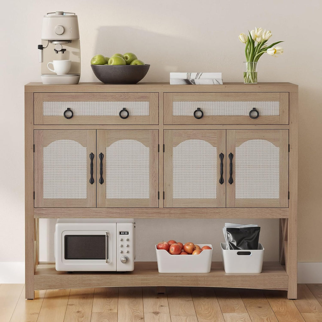 DWVO 47.2" Rattan Buffet Sideboard Cabinet with Storage, Farmhouse Coffee Bar Cabinet w/2 Drawers, 4-Doors Console Table with Adjustable Shelves for Kitchen, Dining Room, Living Room, Entryway (Oak)