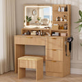 LIVELYGLOW 35.4" Wooden Makeup Vanity Set with Charging Station & Stool | Smart LED Mirror, Fluted Design, Cushioned Stool, Hairdryer Rack