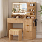 LIVELYGLOW 35.4" Wooden Makeup Vanity Set with Charging Station & Stool | Smart LED Mirror, Fluted Design, Cushioned Stool, Hairdryer Rack