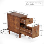 Solid Wood Sunburst End Table, No Assembly Required 2 Drawers Sofa Side Bedside Table with Sunbeam Texture for Living Room, Vintage Nightstand for Bedroom (Caramel Brown, 1PC, w/Charging Station)