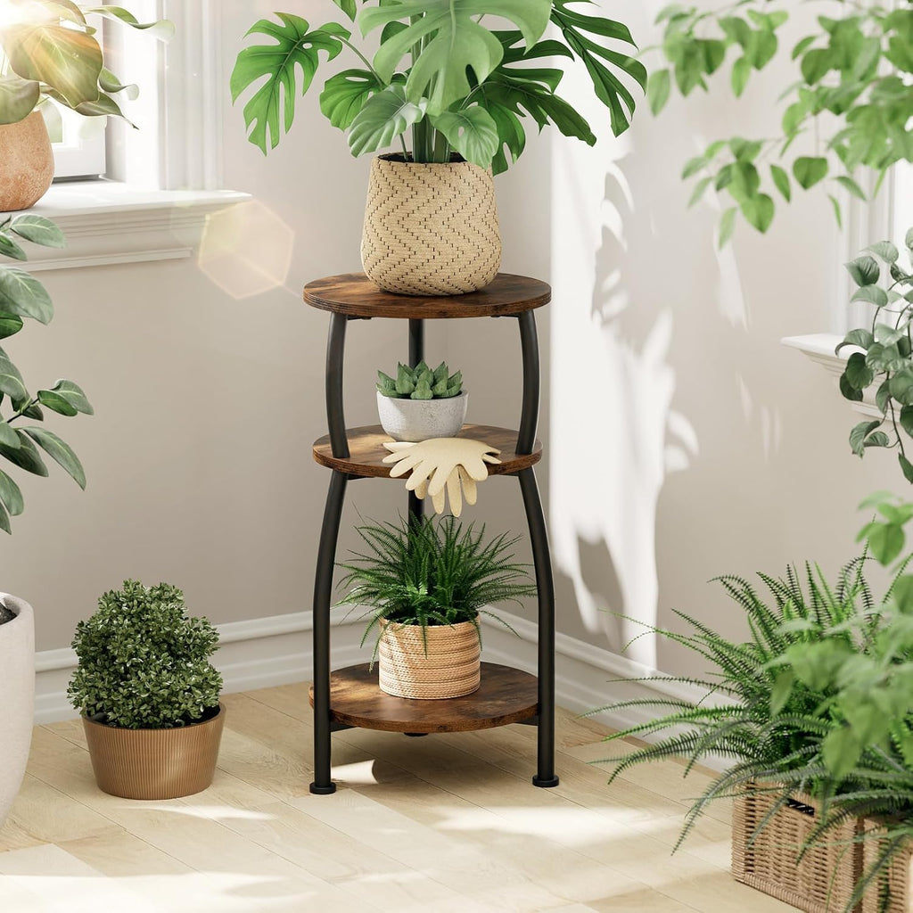 Small Round Side Table for Small Spaces, 3-Tier End Table with Storage Shelf, Slim Night Stand Sofa Corner Table for Living Room Bedroom, Patio and Corner, Rustic Brown