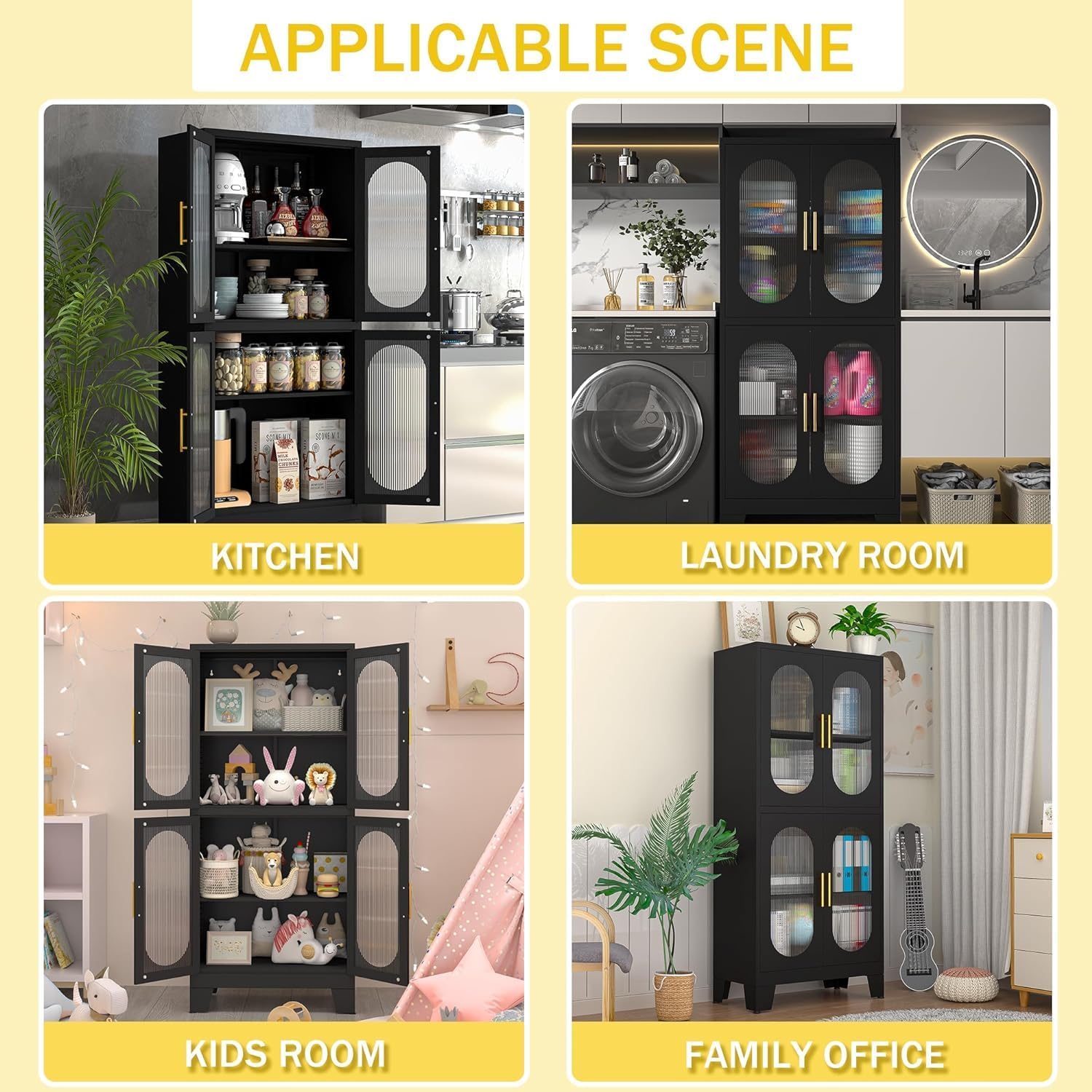 Erosoei Pantry Cabinet, 61" with Acrylic Glass Doors and Adjustable Shelves, Metal Kitchen Cabinet for Multiple Rooms