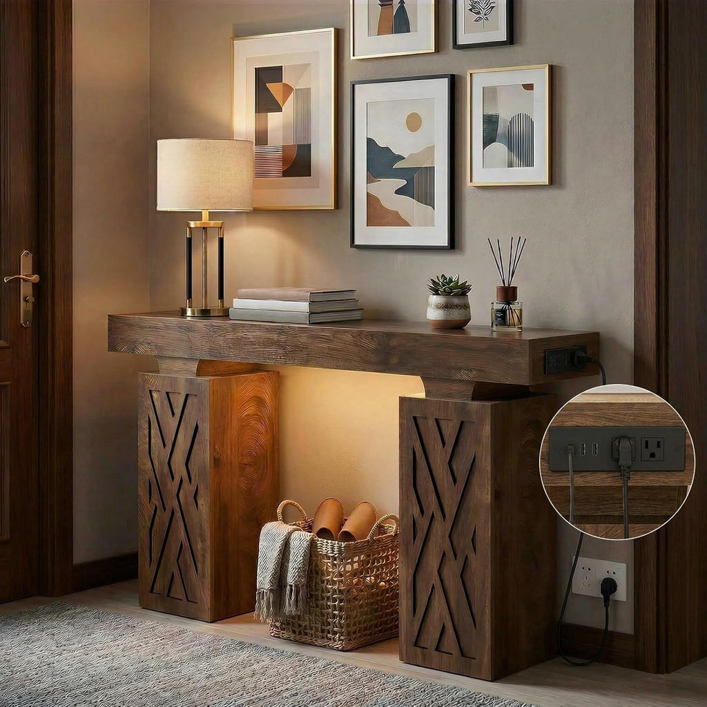 63-Inch Modern Console Table with LED & Outlet, Farmhouse Entryway Table with Geometric Base, Solid Wood-Grain Sofa Table Behind Couch, Narrow Accent Table for Hallway, Cracked Oak