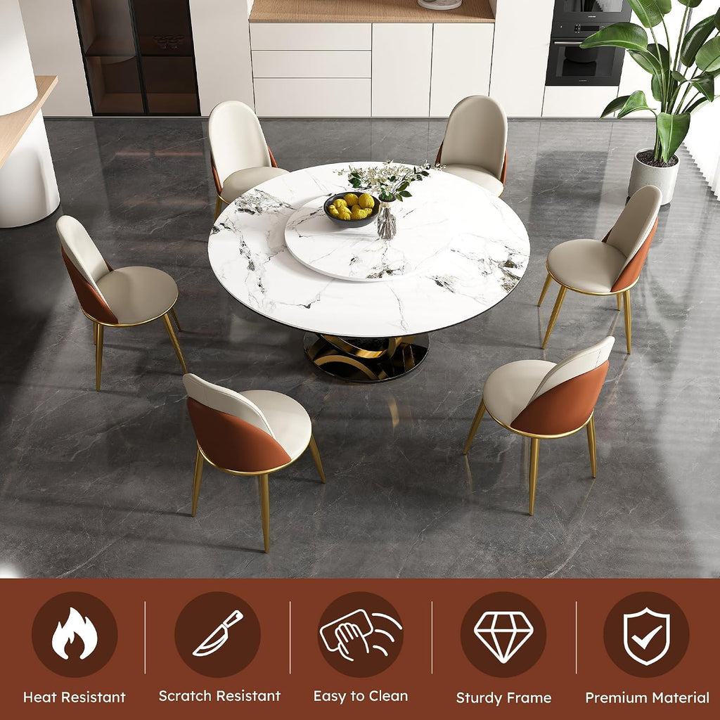 Modern Marble Dining Table, 59" Round Sintered Stone Table for Dining Room, Kitchen, Compact Space w/Stainless Steel Gold Base, Detachable Lazy Susan