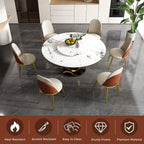 Modern Marble Dining Table, 59" Round Sintered Stone Table for Dining Room, Kitchen, Compact Space w/Stainless Steel Gold Base, Detachable Lazy Susan