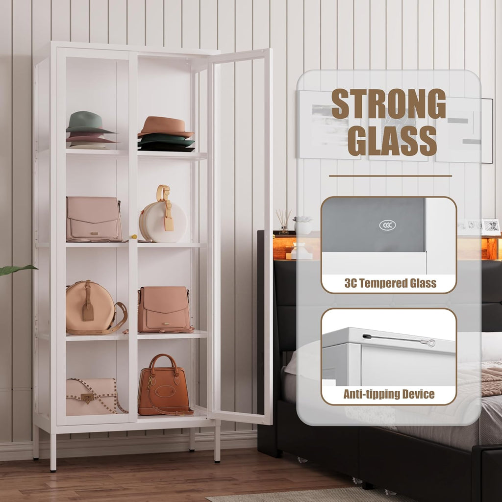 Glass Display Cabinet, 66" Tall Metal Storage Cabinet with Doors and Adjustable 3 Shelves, White Curio Glass Showcase, Pantry Storage Cabinet, Large Display Case for Living Room, Hallway, Kitchen