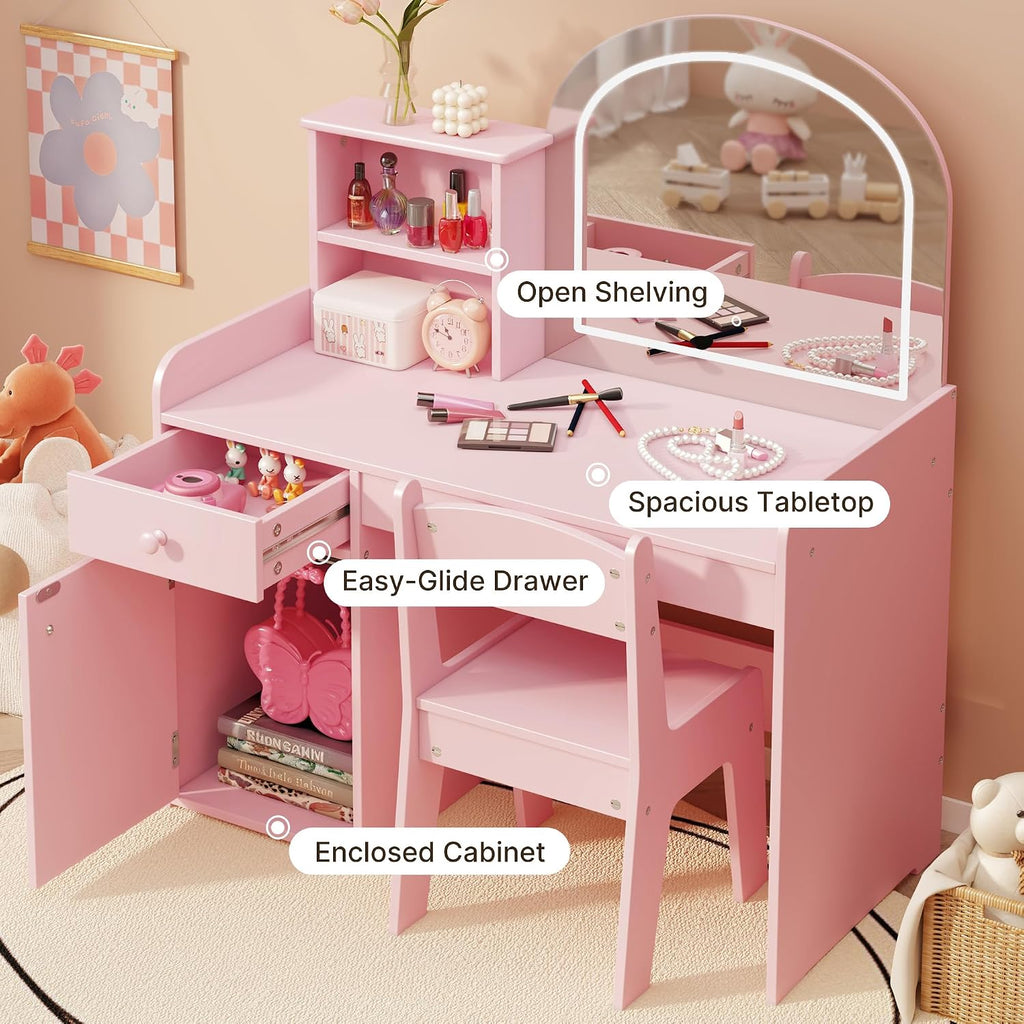 Gizoon Kids Vanity Desk with Mirror and Lights, Pink | Kids Makeup Vanity with 2 Tier Open Shelves Drawer and Cabinet, Todder Vanity Table and Chair Set for Little Girl