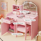 Gizoon Kids Vanity Desk with Mirror and Lights, Pink | Kids Makeup Vanity with 2 Tier Open Shelves Drawer and Cabinet, Todder Vanity Table and Chair Set for Little Girl
