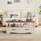 LINSY HOME Farmhouse Coffee Table with Storage, Wood Coffee Table for Living Room, Open Display Area and Storage Drawers with Metal Handles, Chic Style with Curved Base. Oak and Brown