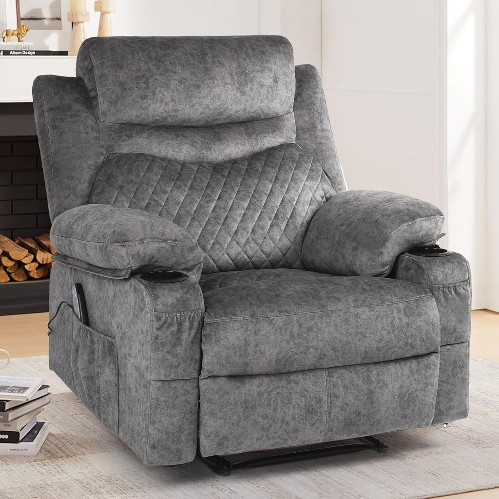 Overstuffed Massage Recliner Chair with Heat, Wide Seat Reclining Chair for Home Theater, Heated Massaging Manual Recliner Chairs with Cup Holders, Grey
