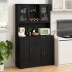 Shintenchi 68" Kitchen Pantry Storage Cabinet, with Microwave Stand, Black | Freestanding Buffet Cabinet, with 3 Door Shelves, Kitchen Hutch with Doors, Adjustable Shelves and Wine Rack