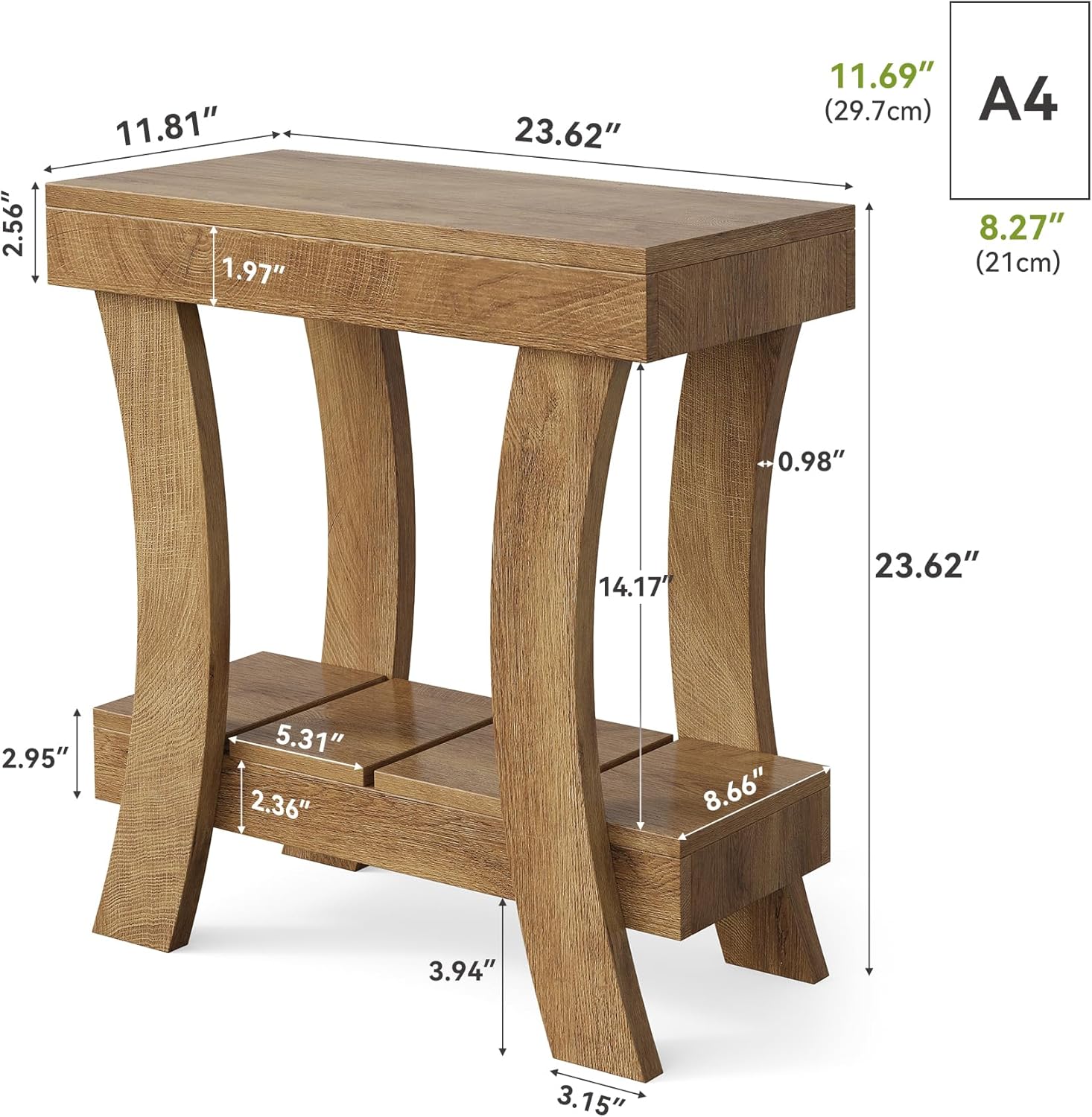LITTLE TREE Narrow Side Table with Storage Shelf, 2-Tier Rectangular End Table with Wood Legs, Small Night Stand for Bedroom, Living Room, Small Spaces, 11.81" D x 23.62" W x 23.62" H